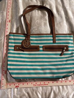 Striped Tote Bag with Brown Trim - Teal & White